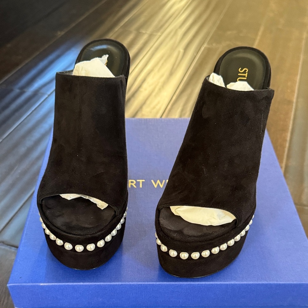 Stuart Weitzman Black Mules with Pearl Embellishments